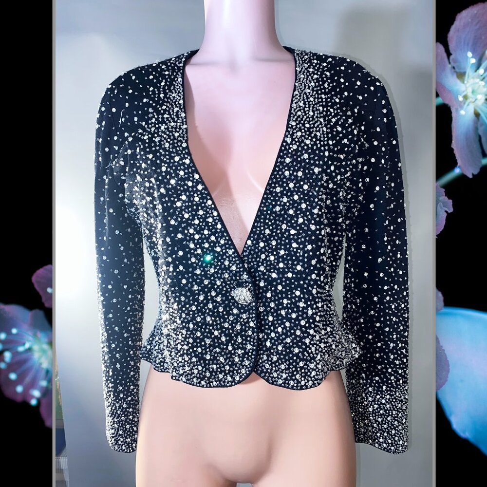 Vintage Sparkly, Single Button, Long Sleeve Crop Sequin V-Neck Cardigan Small